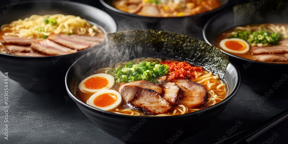 Flavorful bowls of ramen with rich broth, tender slices of meat, soft eggs, and fresh garnishes, perfect for food lovers. Flavorful bowls of ramen with rich broth, tender slices of meat, soft eggs, and fresh garnishes, perfect for food lovers.