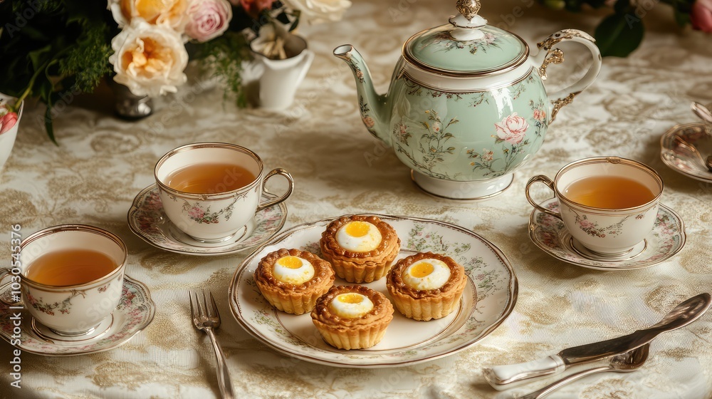 Elegant Afternoon Tea Setting with Delicate Treats Elegant Afternoon Tea Setting with Delicate Treats