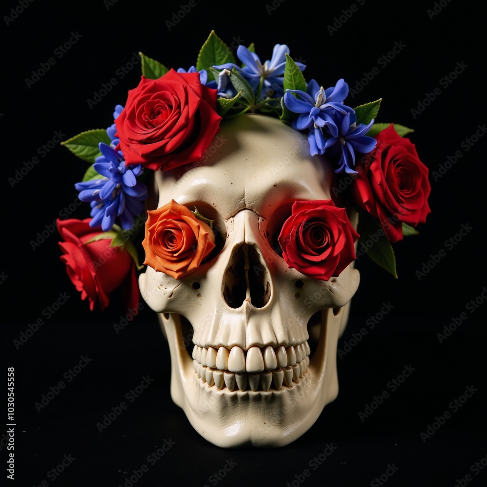 Skull with flower arrangement red orange roses blue green foliage against black backdrop Skull with flower arrangement red orange roses blue green foliage against black backdrop