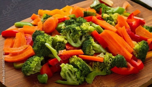 A colorful arrangement of fresh vegetables carrots, broccoli, bell peppers sliced thinly for preparing a traditional vegetarian stir-fry.