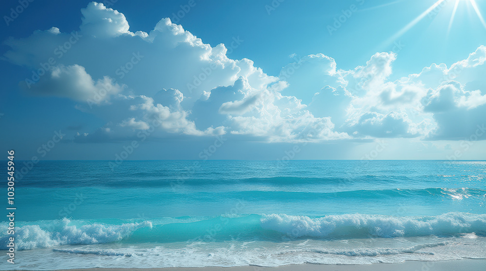 Obraz premium Vibrant Ocean and Cloudscape Image | Blue Sky, Calm Seas, Tropical Clouds, and Stunning Horizon View for Nature and Travel Photography