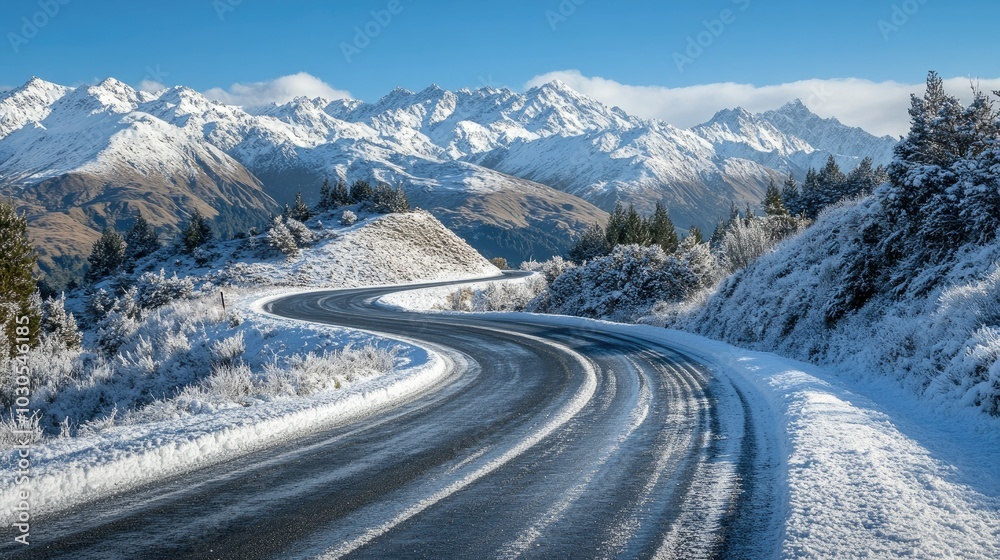 A winter scene on Road Snow-covered hills and a winding road lined with snowy trees distant mountains and a clear blue sky road with snow mountains remarkable A winter scene on Road Snow-covered hills and a winding road lined with snowy trees distant mountains and a clear blue sky road with snow mountains remarkable