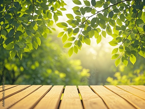 Obraz na płótnie The empty wooden table top with blur background of green forest w salonie
