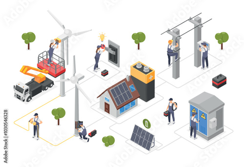 Isometric smart electricity. Clean electrical energy, wind turbines solar system. Professionals working with power systems, flawless vector 3d concept