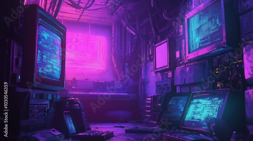 Neon vaporwave background with bright, glowing hues and retro-futuristic elements, creating a nostalgic, tech-inspired scene.