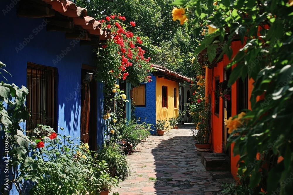 A vibrant alleyway with colorful houses and blooming flowers creating a picturesque scene. A vibrant alleyway with colorful houses and blooming flowers creating a picturesque scene.