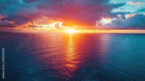 Aerial view of Epic Sunset over the Ocean and Sky with Clouds on the Horizon 