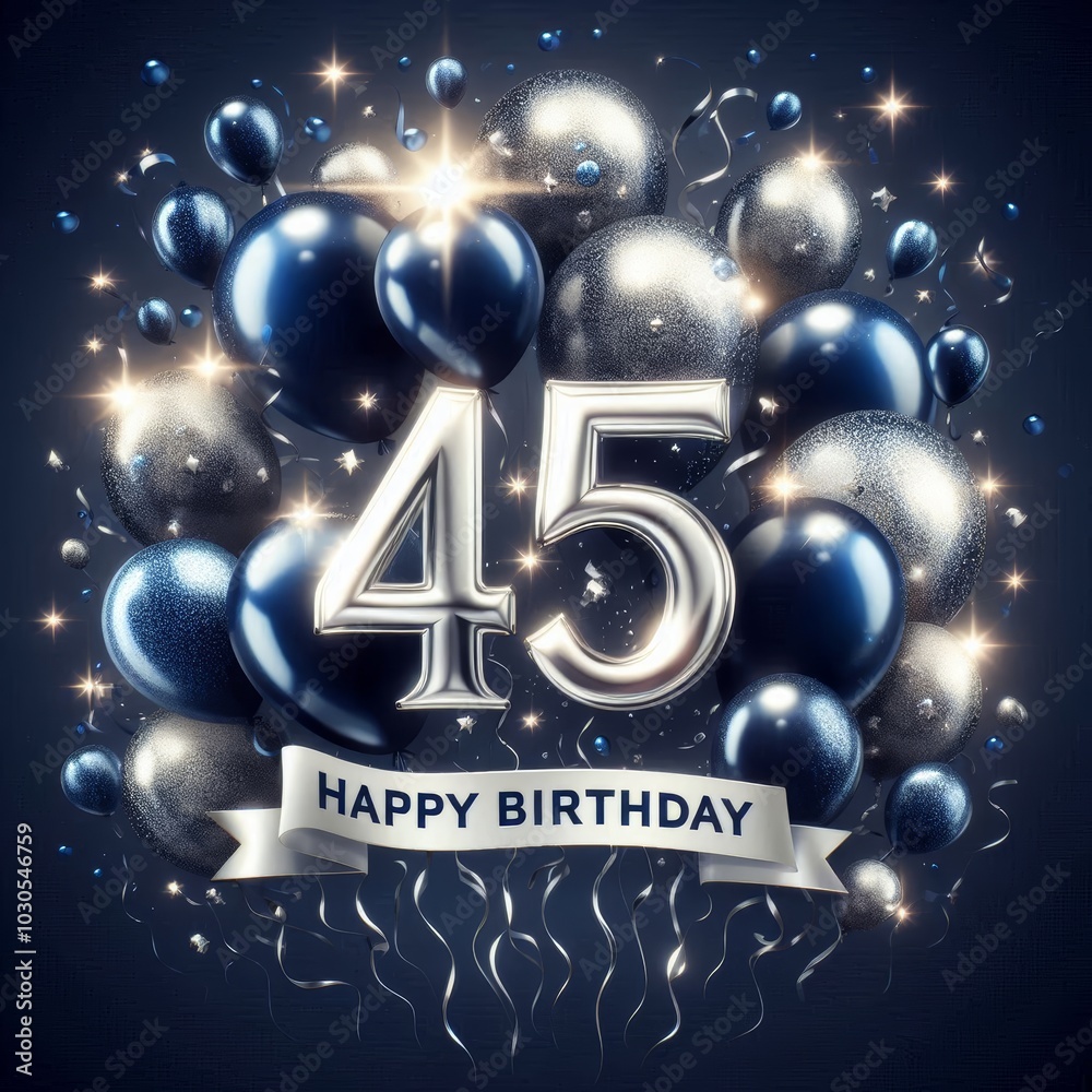 Fototapeta premium Vibrant birthday celebration graphic featuring silver and blue balloons for a 45th birthday.