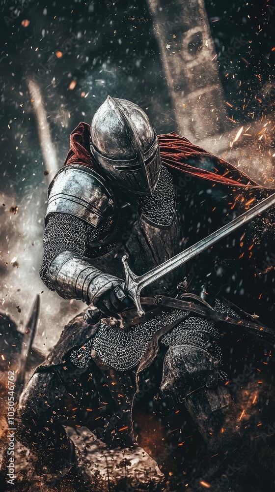 Knight Battling with Sword in Dramatic Landscape Knight Battling with Sword in Dramatic Landscape