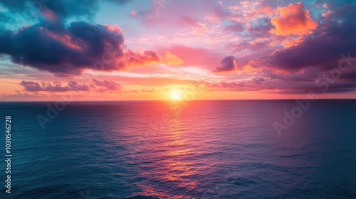 Aerial view of Epic Sunset over the Ocean and Sky with Clouds on the Horizon 
