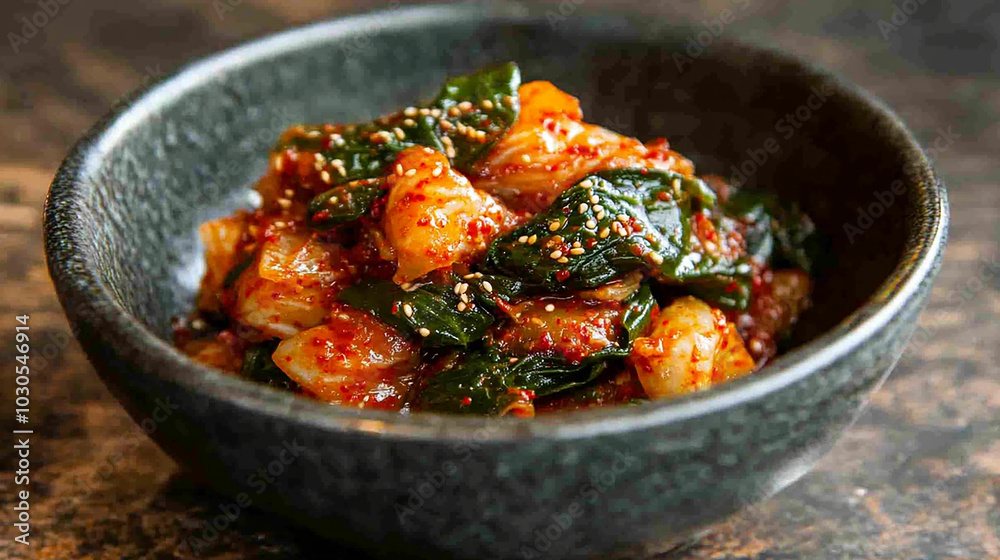 Freshly made kimchi with rich red chili paste close-up Freshly made kimchi with rich red chili paste close-up