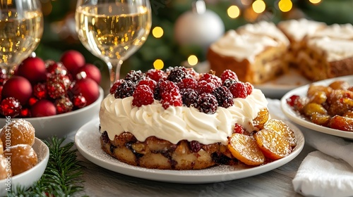 Elegantly styled winter dessert table featuring an assortment of festive Christmas treats including a traditional pudding fruitcake and sparkling wine glasses photo