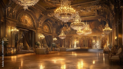 Grand Ballroom with Chandelier in Ornate Castle