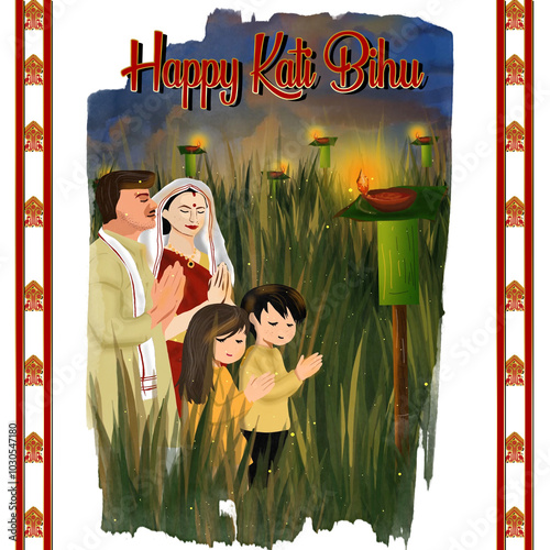 Happy kongali bihu or kati bihu Festival design template. Illustration of a praying family ,Assamese third bihu,Diya Under Tulsi Plant in the evening is a ritual related to this Kati Bihu Festival	
 photo