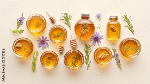 Abstract honey jar art with subtle touches of color surrounded by wild flowers and bees in a light yellow hue conveys the impression of pure honey quality