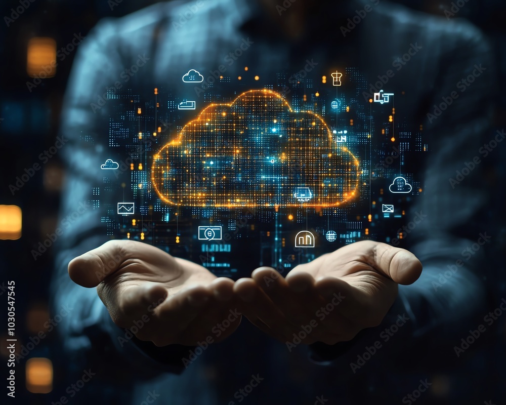 Visual representation of a businessman holding cloud computing charts and tech icons, capturing the essence of innovation and digital change in a stock image Visual representation of a businessman holding cloud computing charts and tech icons, capturing the essence of innovation and digital change in a stock image