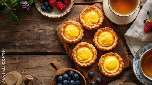 Golden Brown Egg Tarts on Rustic Wooden Table