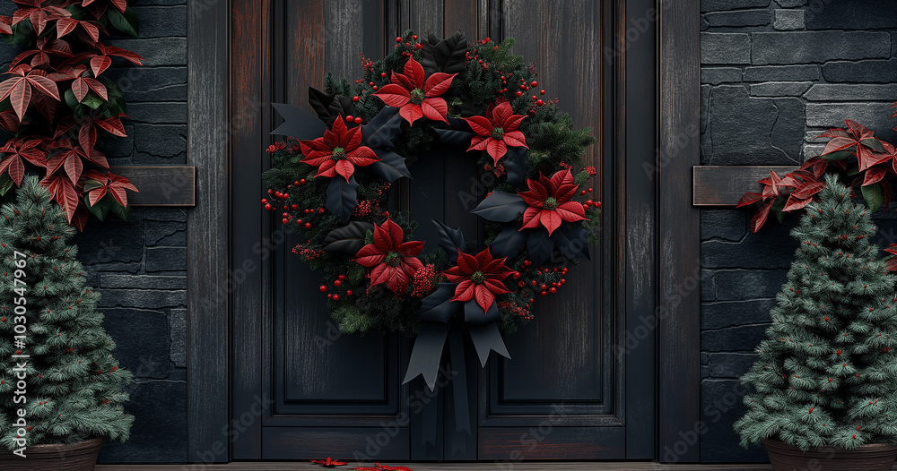 Dark Christmas Wreath with Black Ribbon on Door Dark Christmas Wreath with Black Ribbon on Door
