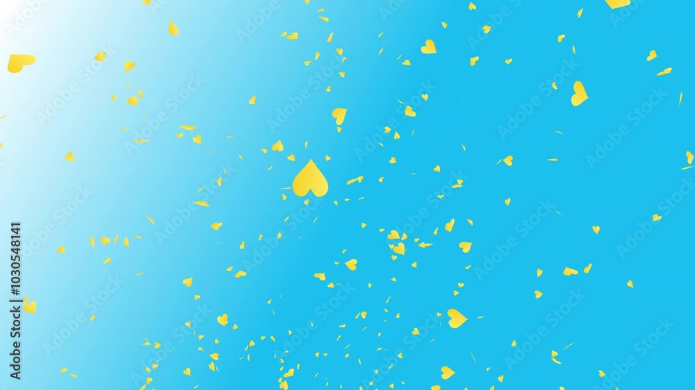 Gold heart shapes falling and flying away on blue sky background. For Happy Valentine's day and wedding ceremony. Gold heart shapes falling and flying away on blue sky background. For Happy Valentine's day and wedding ceremony.