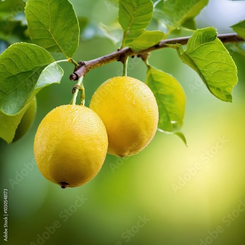 Fresh ripe lemons with green leaves on branch	