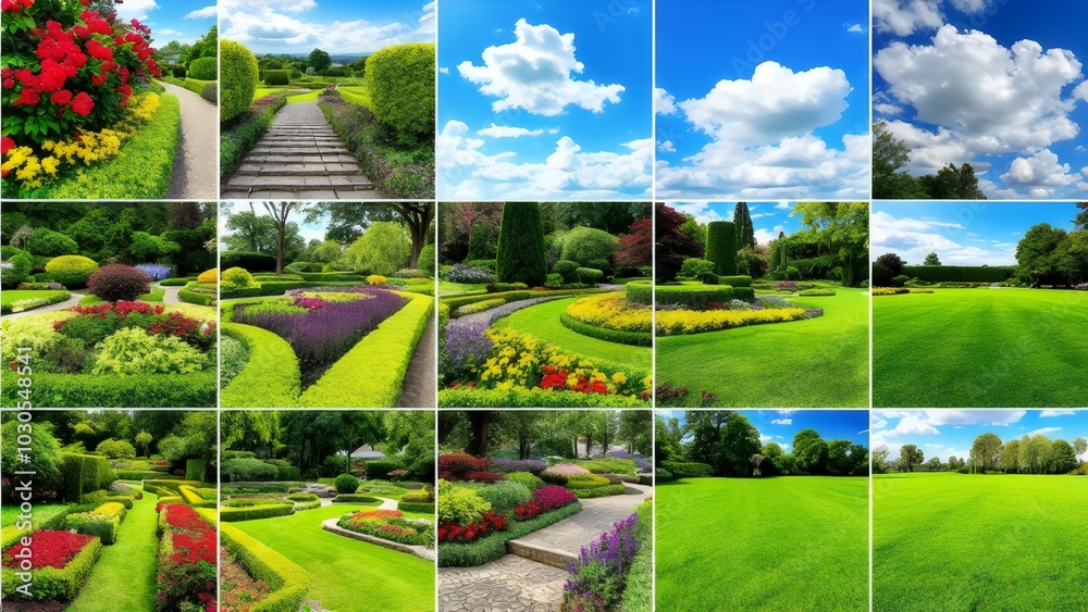 Fototapeta premium Collage of Lush Green Gardens with Curved Paths and Flowers