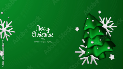 Happy New Year and Merry Christmas. Christmas holiday background with realistic 3d objects,green and white bauble balls, conical metal stars. Levitation falling design composition.