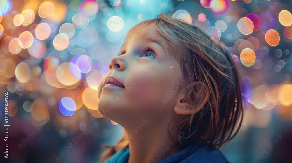 Child gazing upward with bright bokeh lights creating a dreamy atmosphere.