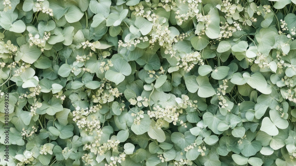 A lush arrangement of eucalyptus leaves and small flowers creating a natural backdrop. A lush arrangement of eucalyptus leaves and small flowers creating a natural backdrop.