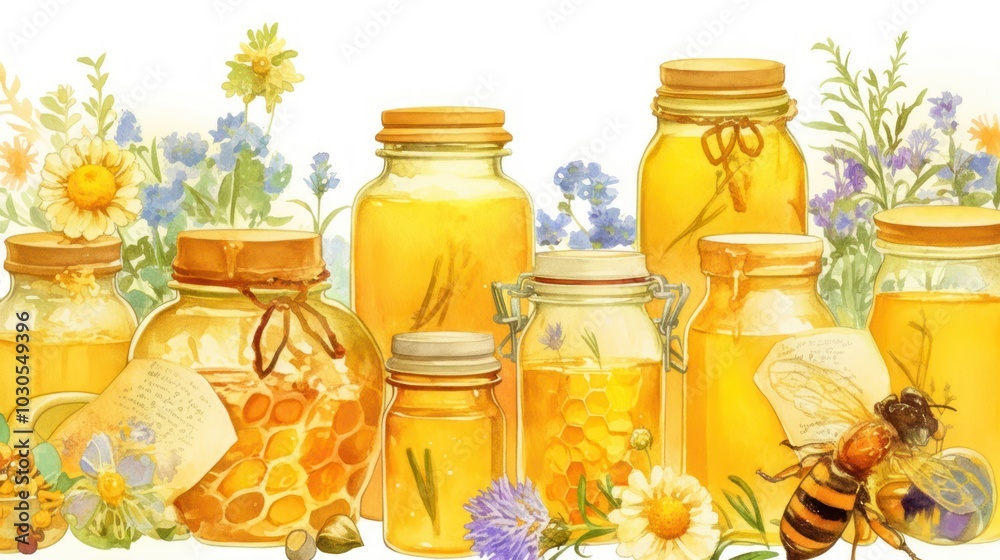 Abstract honey jar art with subtle touches of color surrounded by wild flowers and bees in a light yellow hue conveys the impression of pure honey quality Abstract honey jar art with subtle touches of color surrounded by wild flowers and bees in a light yellow hue conveys the impression of pure honey quality