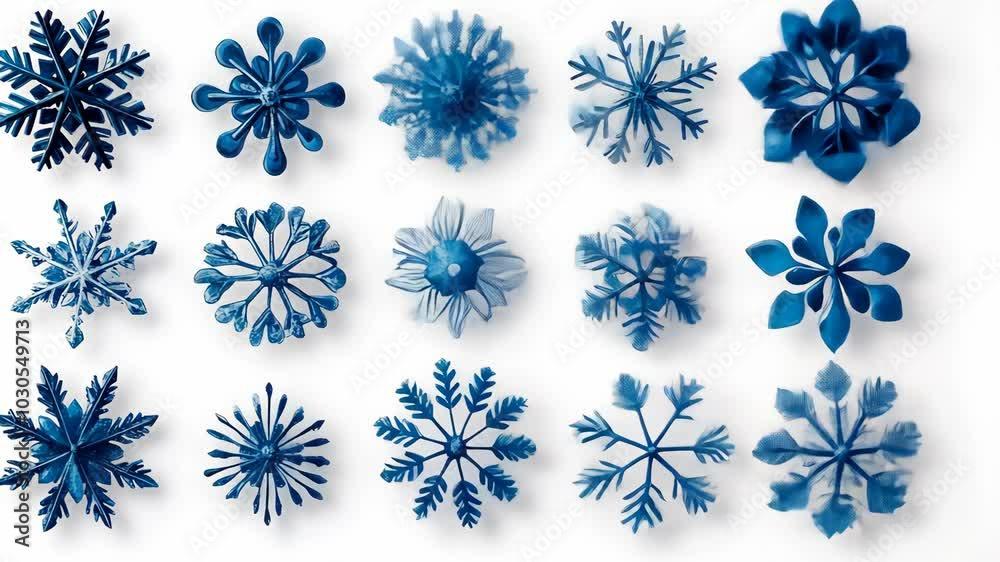 A collection of blue snowflakes are arranged in a grid on a white background A collection of blue snowflakes are arranged in a grid on a white background