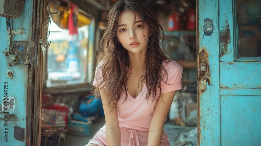 A young woman with long brown hair, wearing a pink t-shirt, sits in an old, worn doorway. Her eyes look directly at the camera, creating a sense of both vulnerability and strength. A young woman with long brown hair, wearing a pink t-shirt, sits in an old, worn doorway. Her eyes look directly at the camera, creating a sense of both vulnerability and strength.