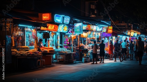 A vibrant night market bustling with shoppers and colorful stalls.