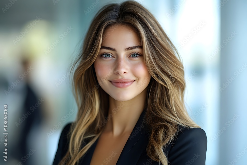 Confident Businesswoman with Blue Eyes in Stylish Jacket. Confident Businesswoman with Blue Eyes in Stylish Jacket.