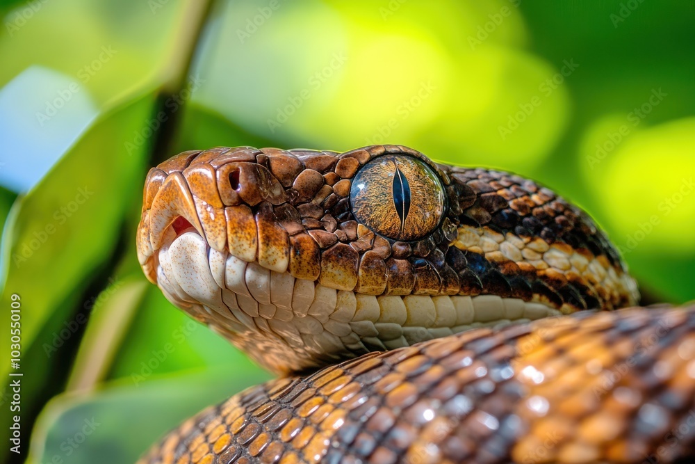 Close-up of a snake showcasing its scales and eye against a blurred green background. Close-up of a snake showcasing its scales and eye against a blurred green background.