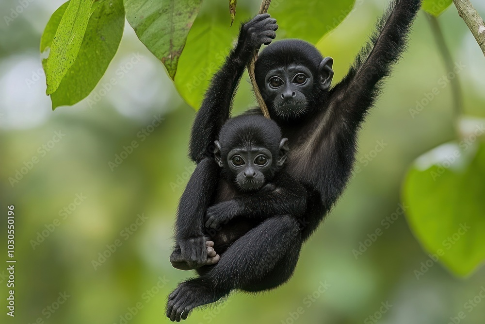 Obraz premium Two black monkeys hanging from a branch, showcasing a nurturing bond in their natural habitat.