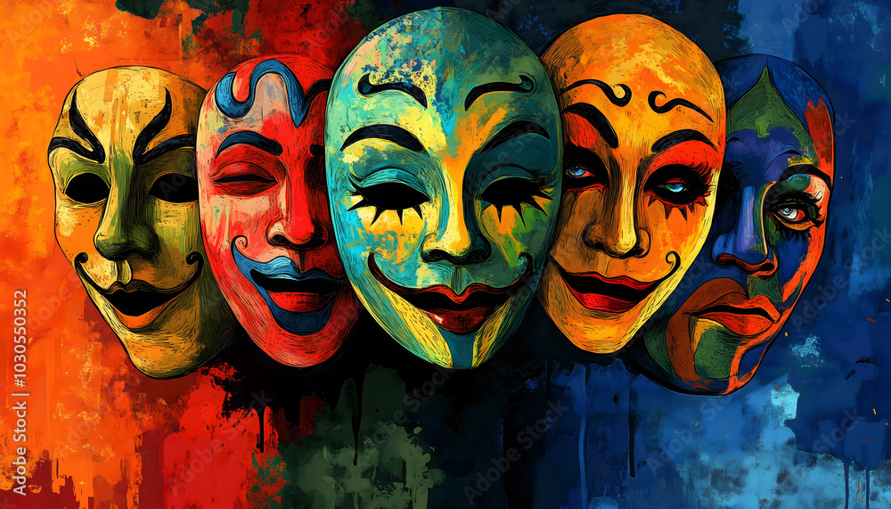 A multicolored illustration of drama masks A multicolored illustration of drama masks