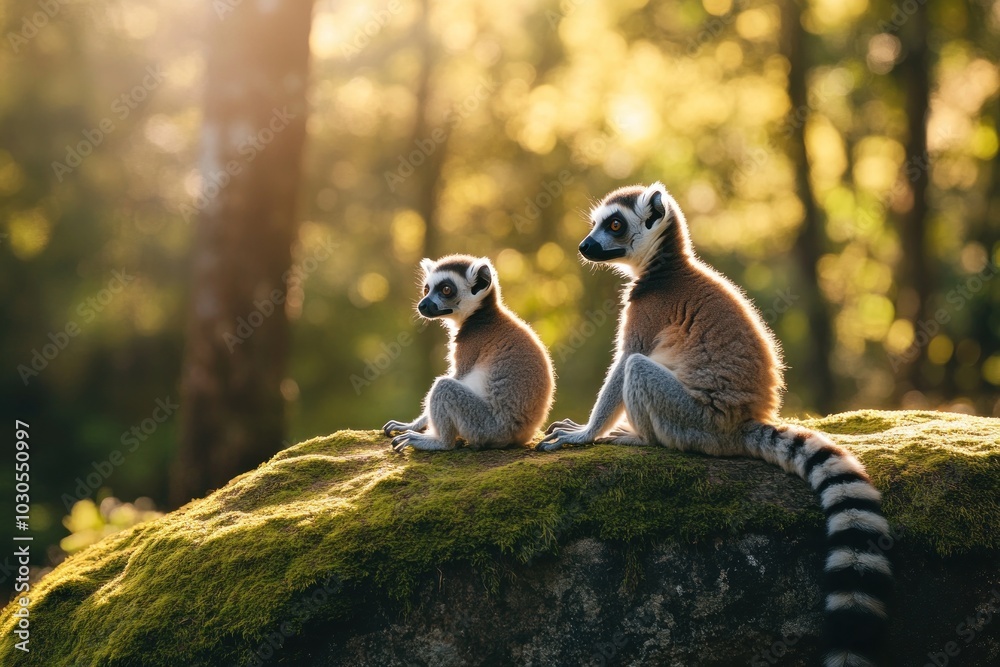 Fototapeta premium Two lemurs sitting on a moss-covered rock in a sunlit forest.