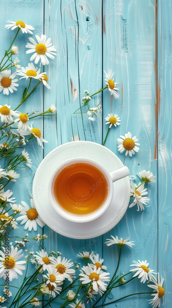 Cup of chamomile tea with fresh flowers on rustic blue wooden background, relaxing and wellness vibe Cup of chamomile tea with fresh flowers on rustic blue wooden background, relaxing and wellness vibe