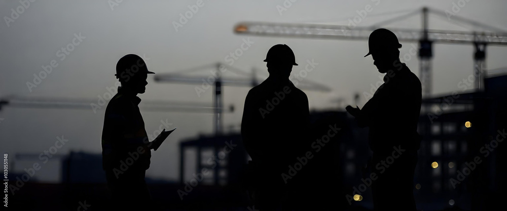 Obraz premium Construction Workers Silhouetted at Dusk with Cranes in Background