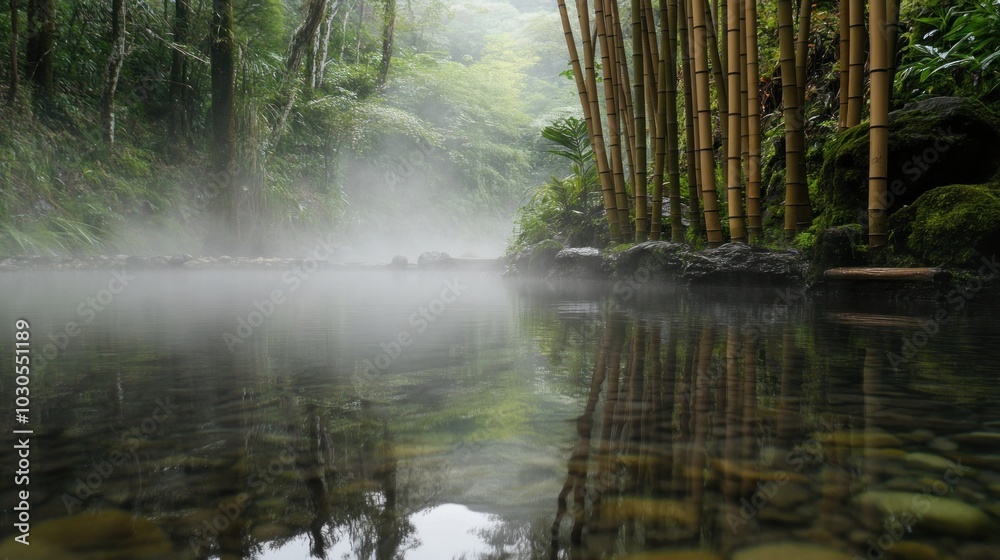 Serene bamboo forest with misty water reflections. Serene bamboo forest with misty water reflections.