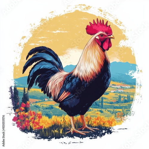 stunning gallic rooster standing proudly against a picturesque landscape backdrop