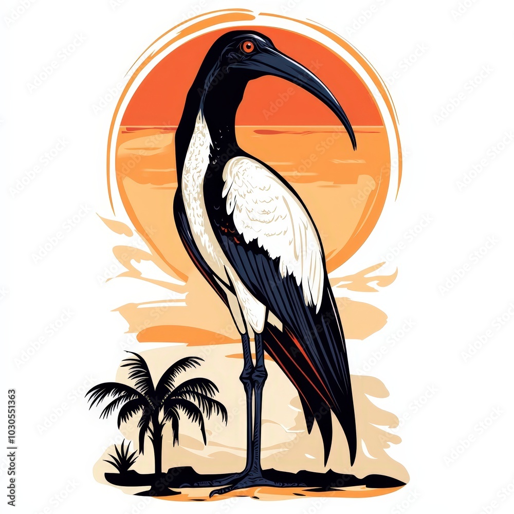 Obraz premium Stylized Sacred Ibis Standing Proud Against a Sunset Backdrop with Palms