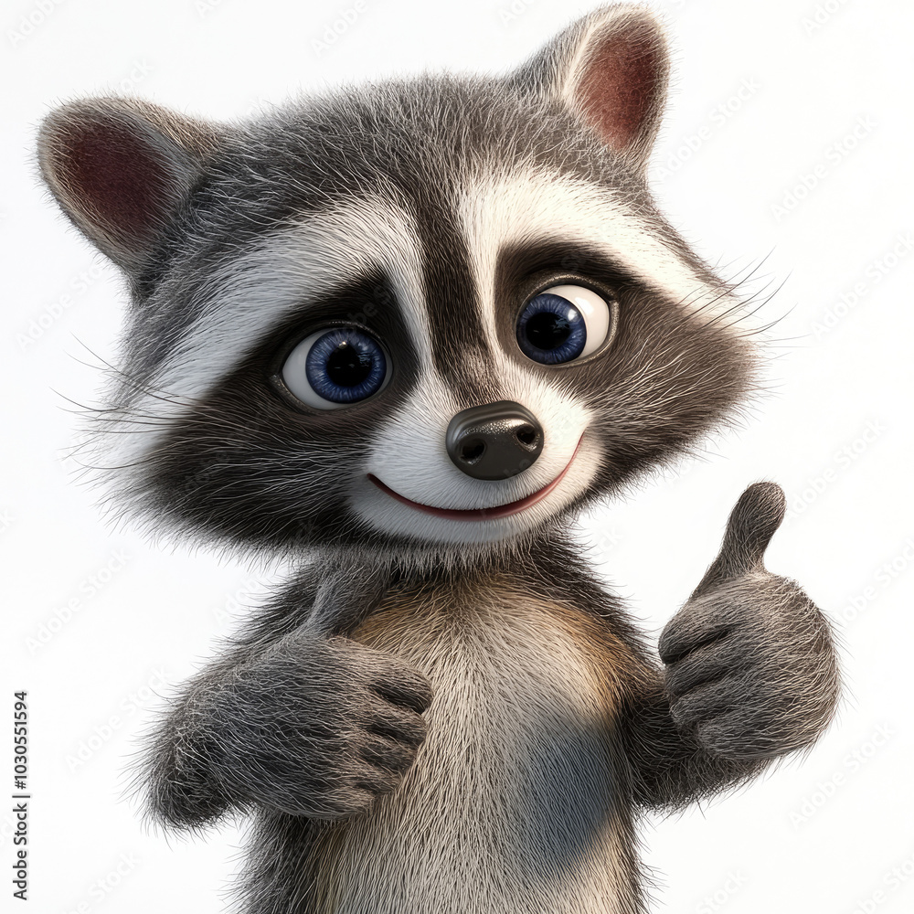 3d funny cartoon raccoon with a thumbs up gesture, close-up, isolated, on a white background. Cheerful character. Illustration, decor, print for clothes, design for printing on fabric, paper, plastic, 3d funny cartoon raccoon with a thumbs up gesture, close-up, isolated, on a white background. Cheerful character. Illustration, decor, print for clothes, design for printing on fabric, paper, plastic,