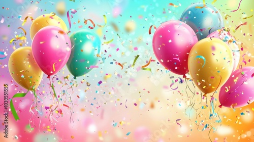 Pastel balloons with confetti in the air