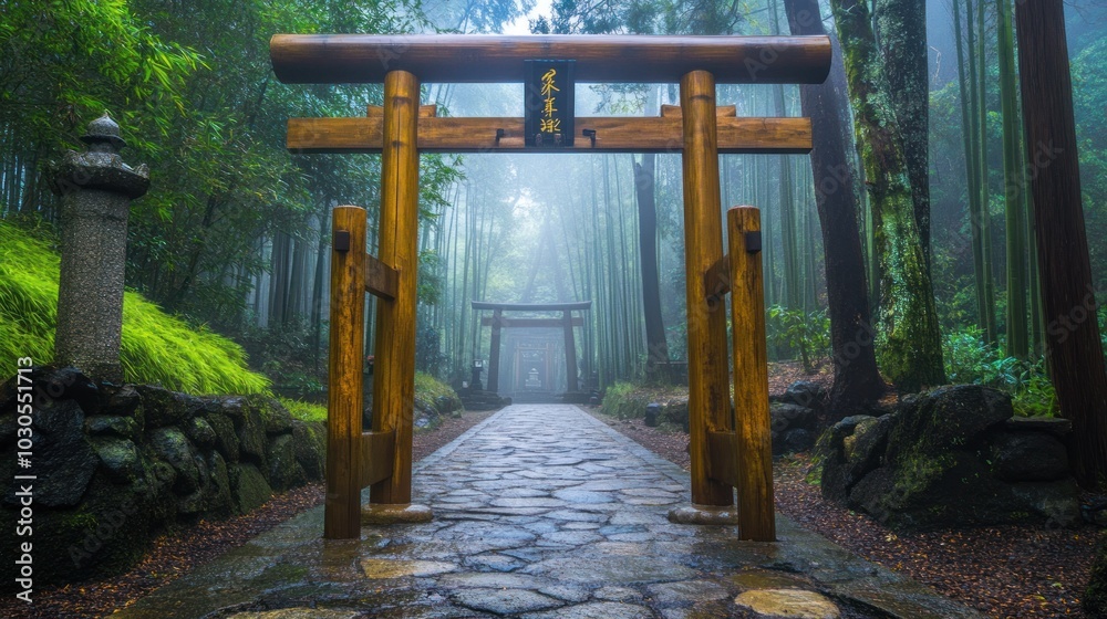A serene pathway through a misty forest with traditional wooden gates. A serene pathway through a misty forest with traditional wooden gates.