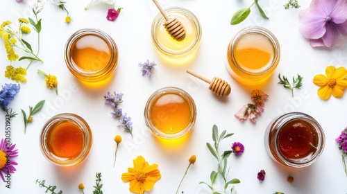 Different types of honey in jars, with floral and natural elements scattered around them on a white background, with a light shadow effect