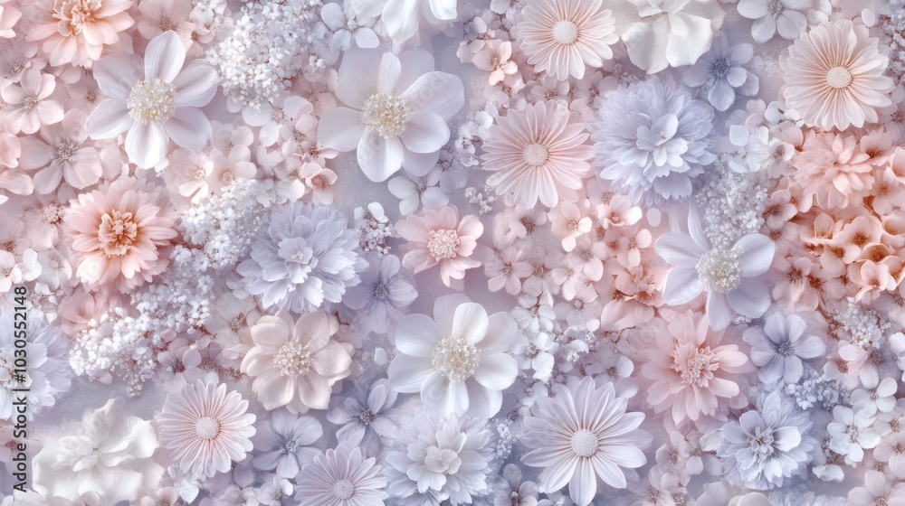 A soft arrangement of pastel-colored flowers in various shapes and sizes. A soft arrangement of pastel-colored flowers in various shapes and sizes.