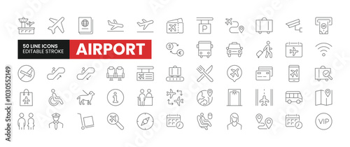 Set of 50 Airport line icons set. Airport outline icons with editable stroke collection. Includes Passport, Waiting Area, Shuttle, Custom Officer, ATM, and More.