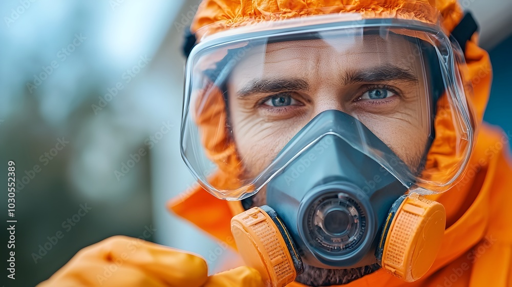 Skilled worker wearing protective gear including a hazmat suit gloves and mask Skilled worker wearing protective gear including a hazmat suit gloves and mask