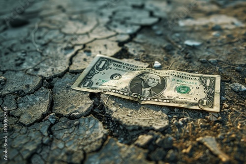 Single dollar bill is lying on dry cracked earth, symbolizing poverty, drought, or economic crisis